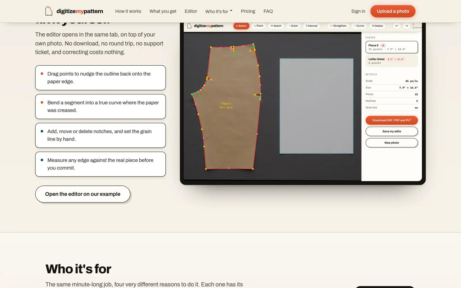 The digitizemypattern editor under the heading “If the trace is off, you fix it yourself”, showing the traced outline with its points open for editing.