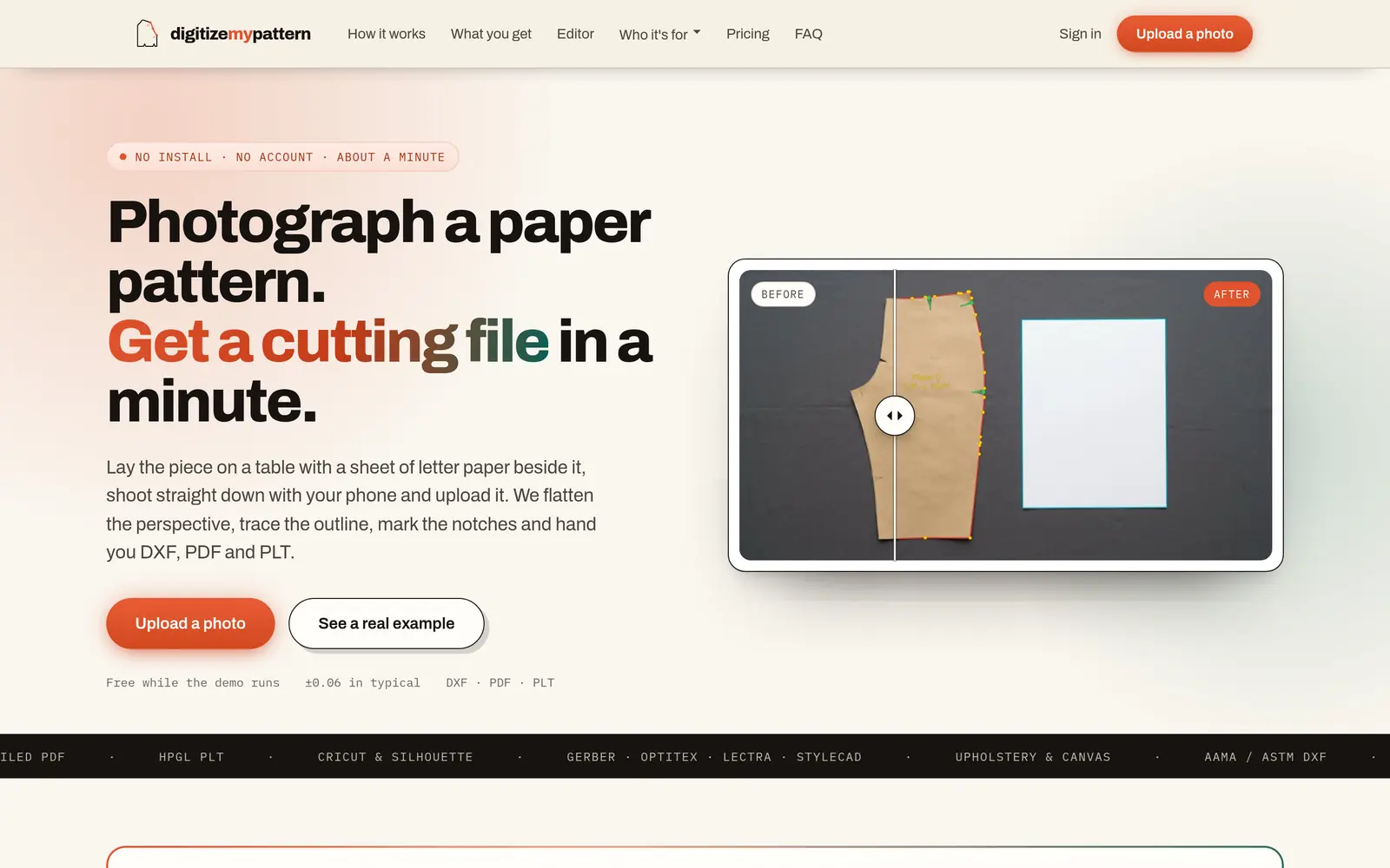 digitizemypattern homepage: the headline “Photograph a paper pattern. Get a cutting file in a minute.” beside a traced trouser piece on screen.
