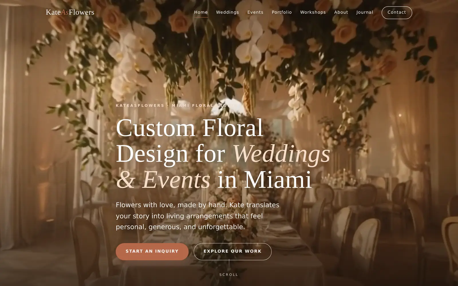 KateAsFlowers homepage: the headline “Custom Floral Design for Weddings & Events in Miami” in white over a warm, softly lit floral ceremony backdrop.