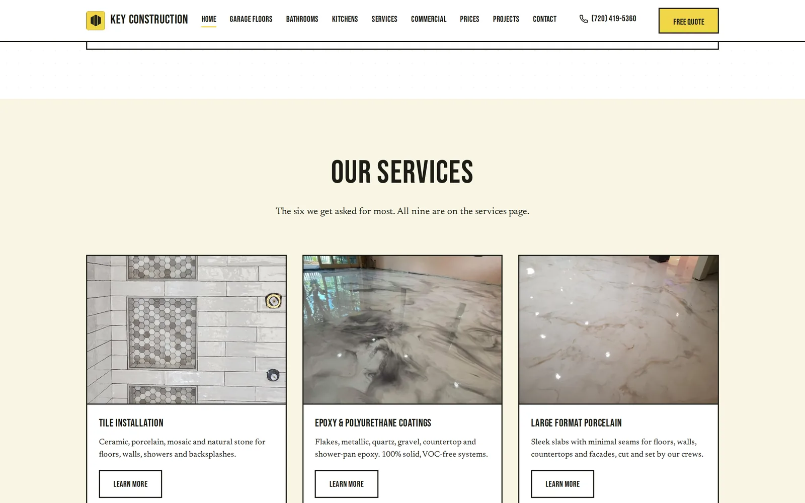 Key Construction services section: cards for tile installation, epoxy and polyurethane coatings and large format porcelain, each with a photo of the finished work.