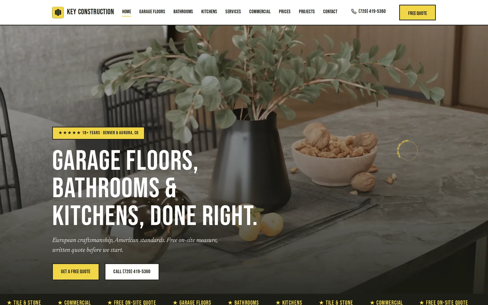 Key Construction homepage: the headline “Garage floors, bathrooms & kitchens, done right” in white over a finished interior, with a yellow quote button.