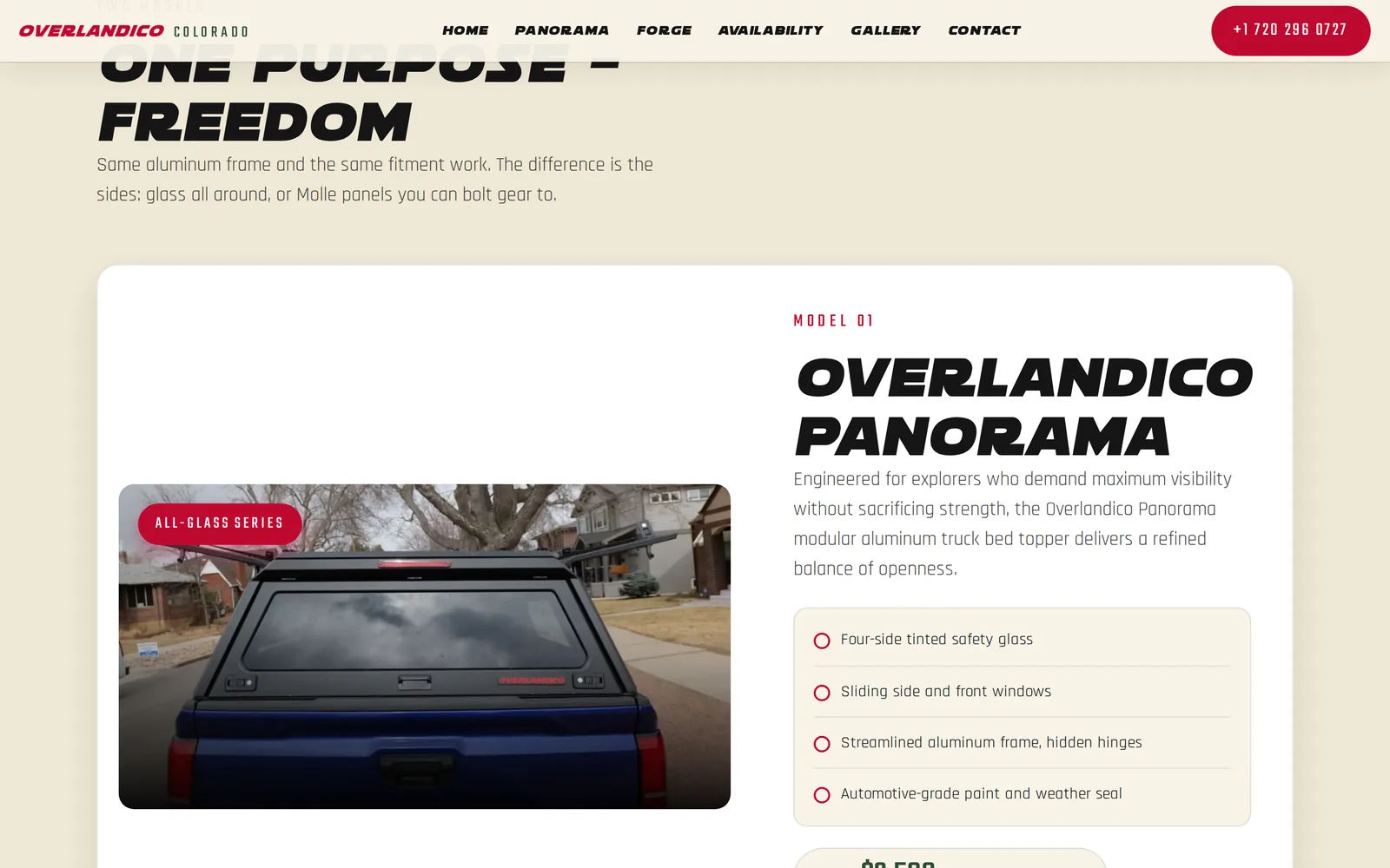 Overlandico Colorado model page for the Panorama all-glass topper, with its specification list beside a photo of the fitted topper.