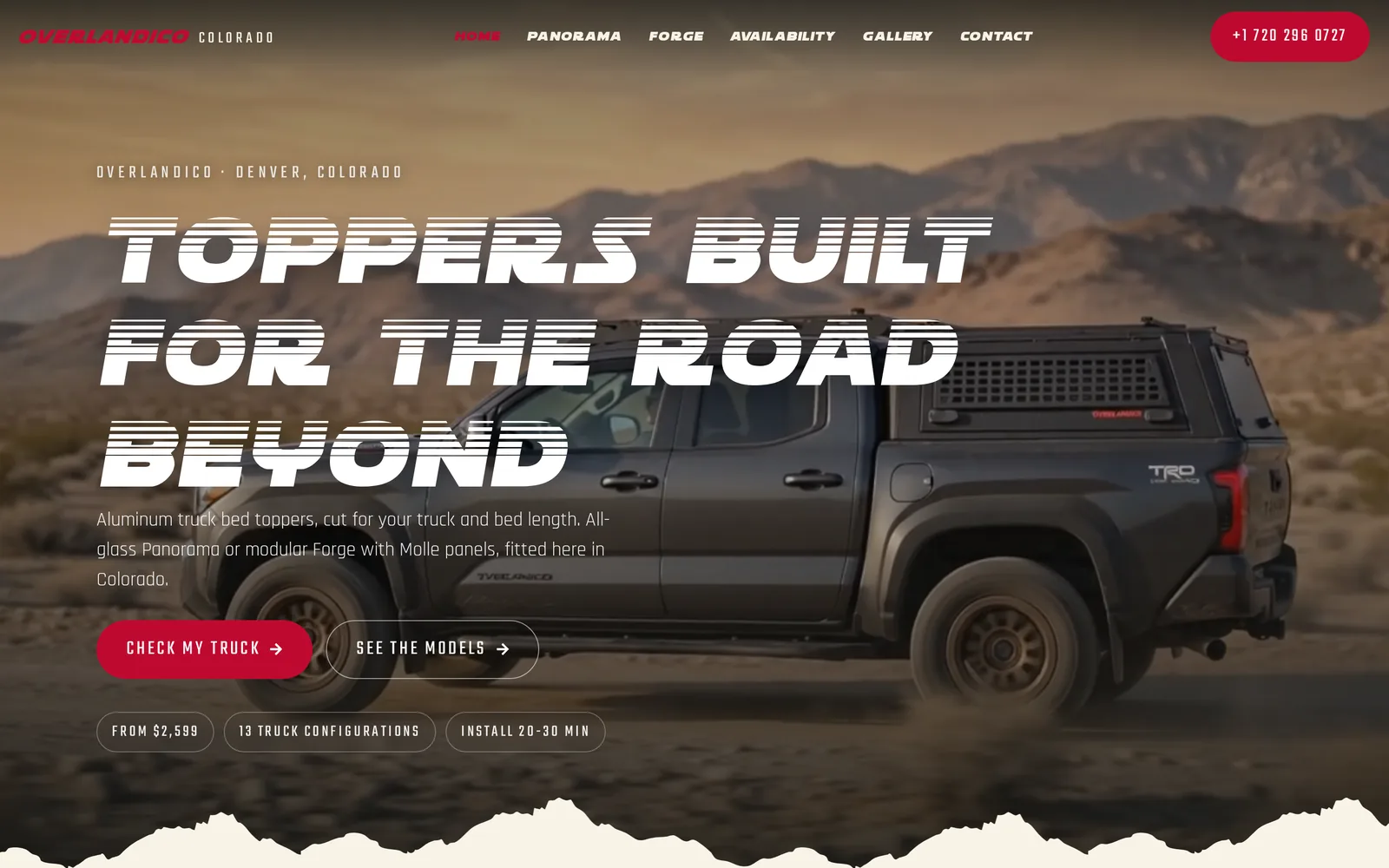 Overlandico Colorado homepage: the headline “Toppers built for the road beyond” over a pickup with an aluminium topper in the desert.