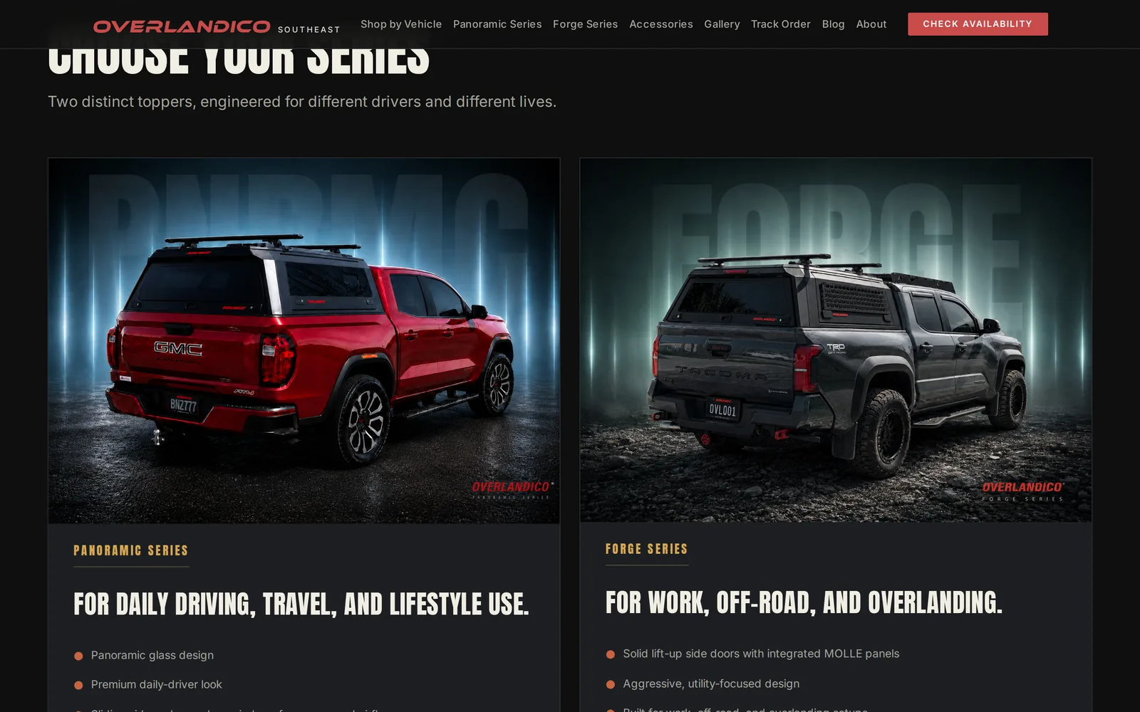 Overlandico product series section — the Panoramic and Forge aluminum toppers shown side by side.