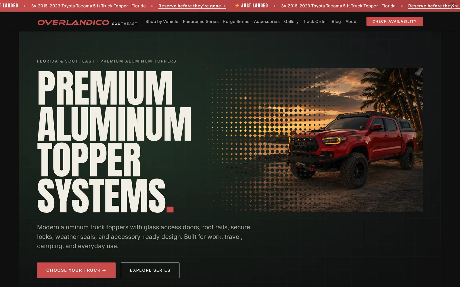 Overlandico Southeast homepage — a lifted Toyota Tacoma under the headline “Premium Aluminum Topper Systems”.