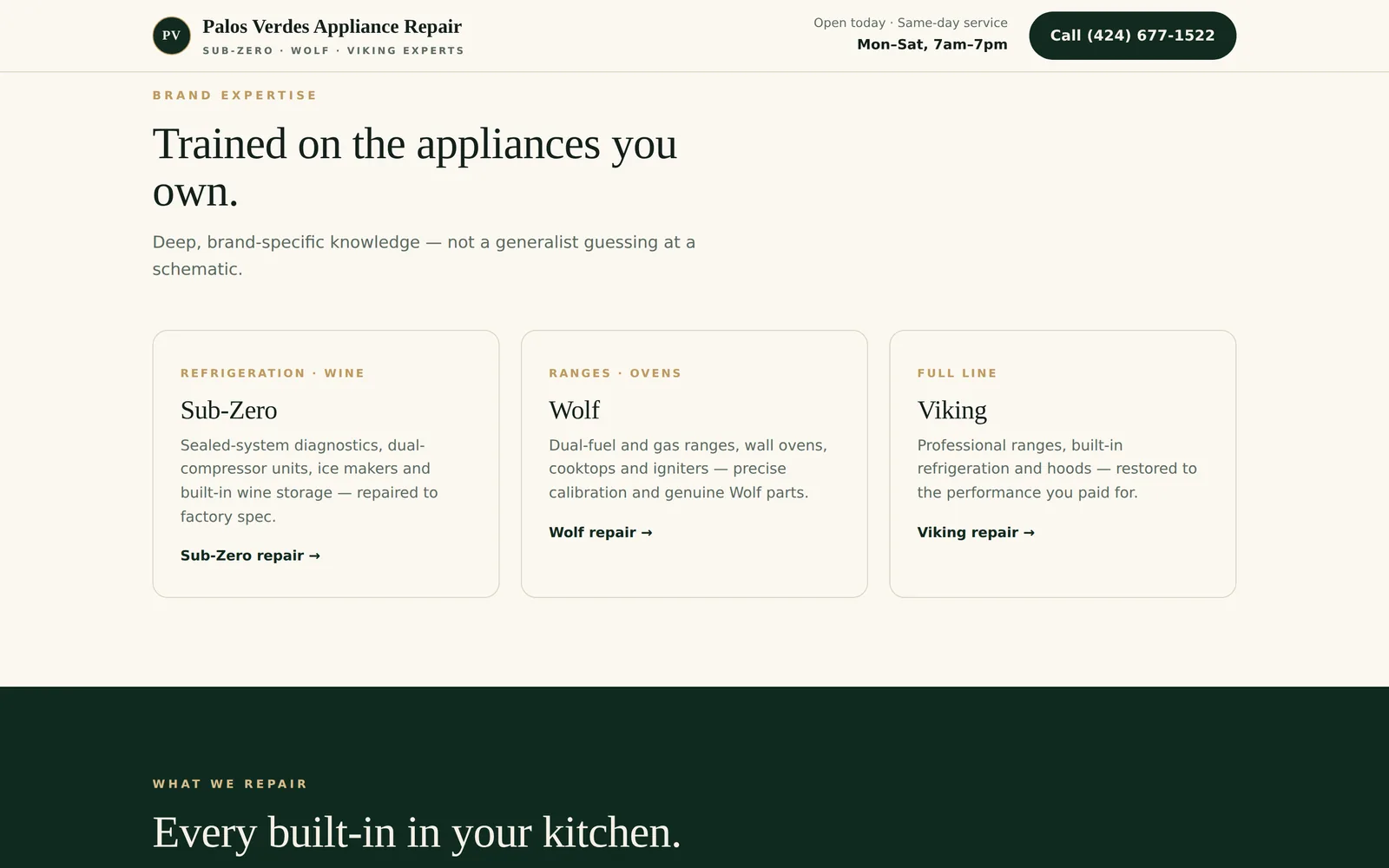 Palos Verdes Appliance Repair brand section: three cards for Sub-Zero, Wolf and Viking, each linking to its own repair page.