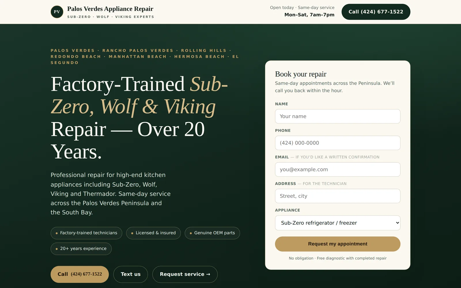 Palos Verdes Appliance Repair homepage: a deep green hero reading “Factory-Trained Sub-Zero, Wolf & Viking Repair” next to a booking form.