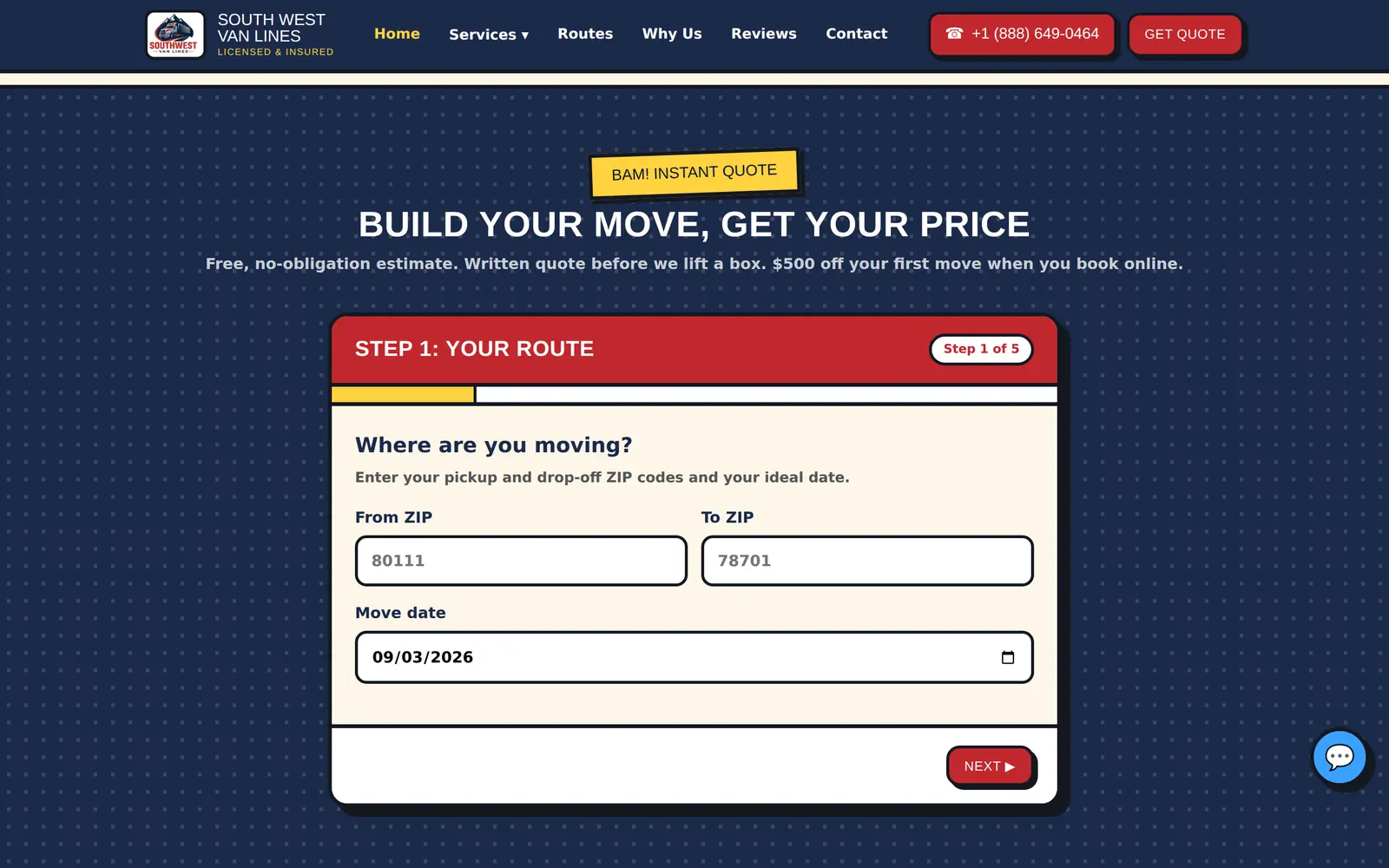 South West Van Lines quote builder, step one: pickup and drop-off ZIP codes and a moving date, under the heading “Build Your Move, Get Your Price”.