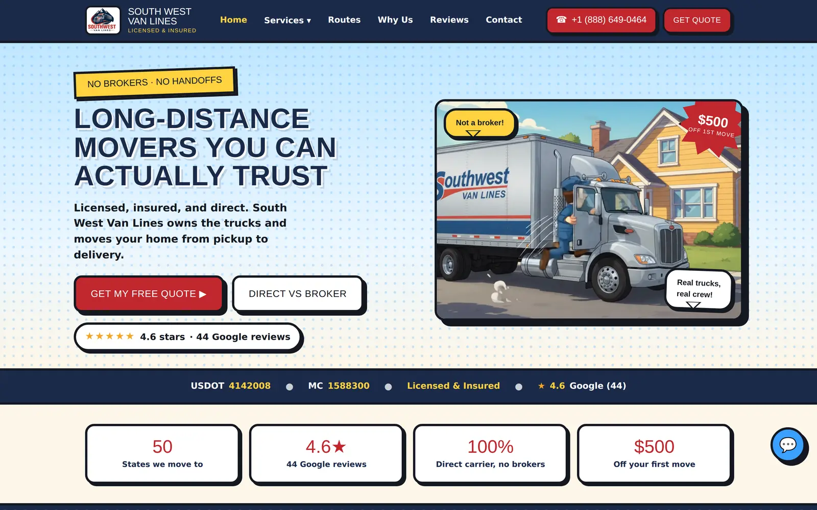 South West Van Lines homepage: the headline “Long-Distance Movers You Can Actually Trust” beside an illustrated moving truck parked outside a house.
