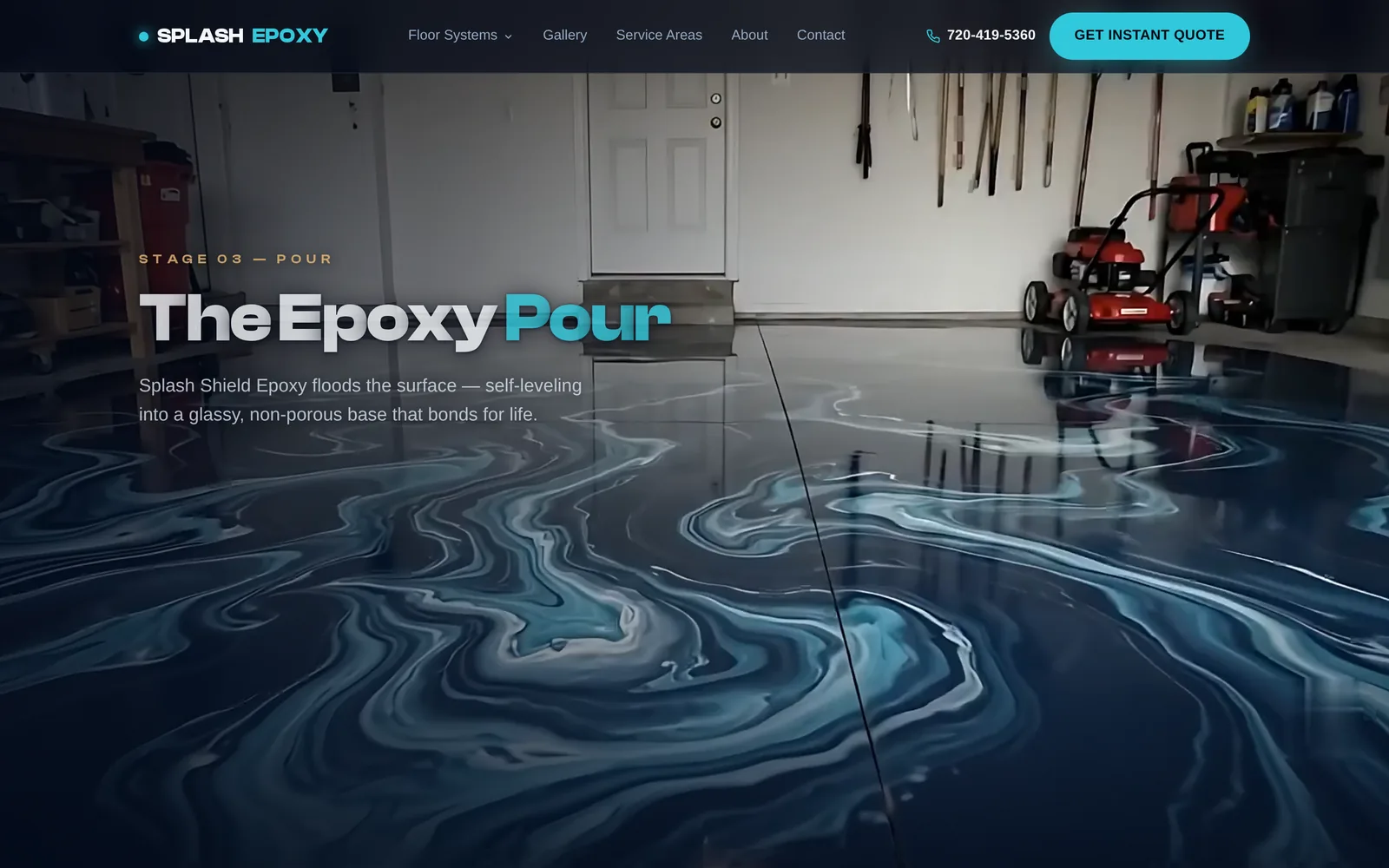 Splash Epoxy “Stage 03: The Epoxy Pour” section, showing the poured metallic floor mid-scroll.