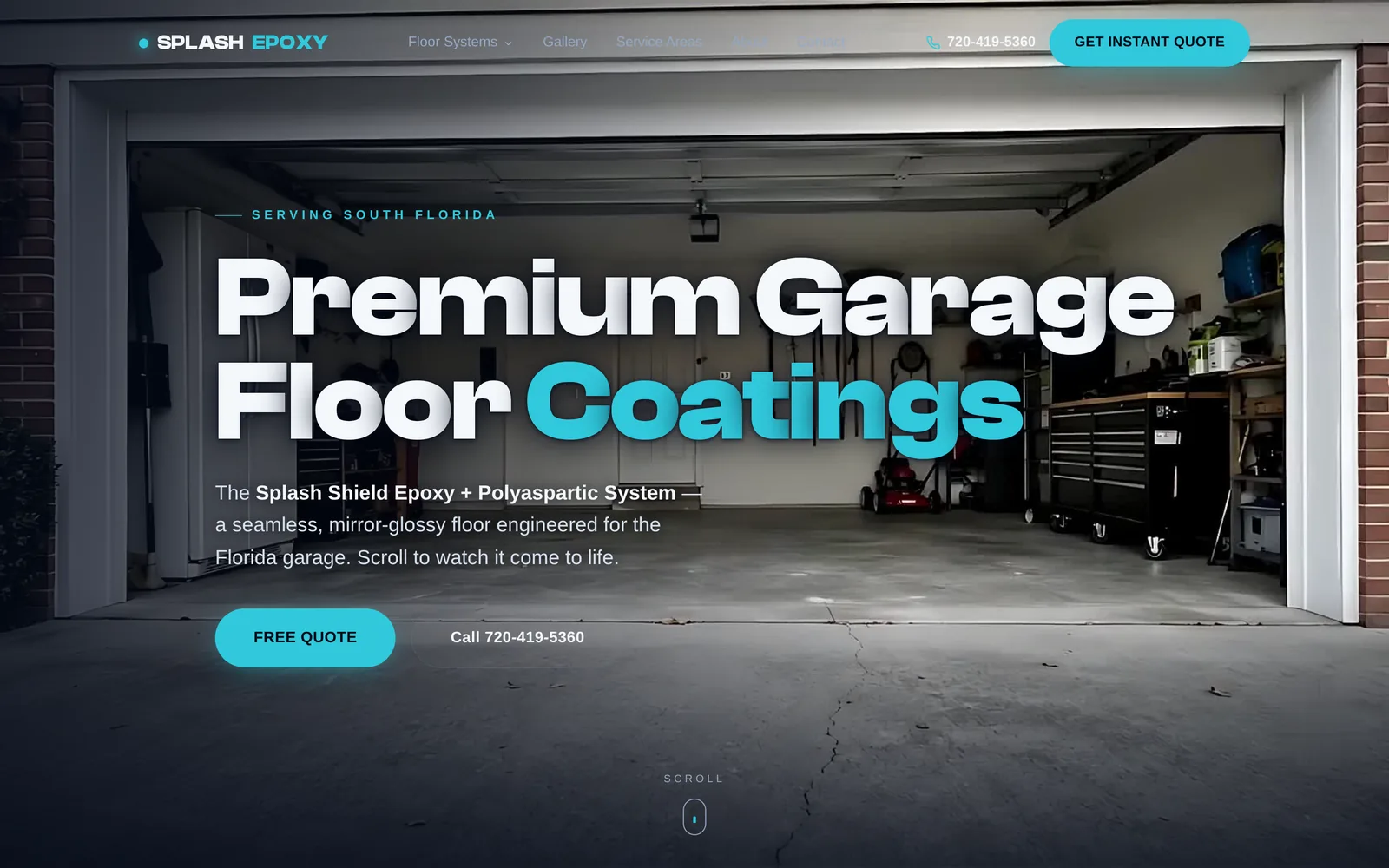 Splash Epoxy homepage: the headline “Premium Garage Floor Coatings” in white and cyan over an open garage.